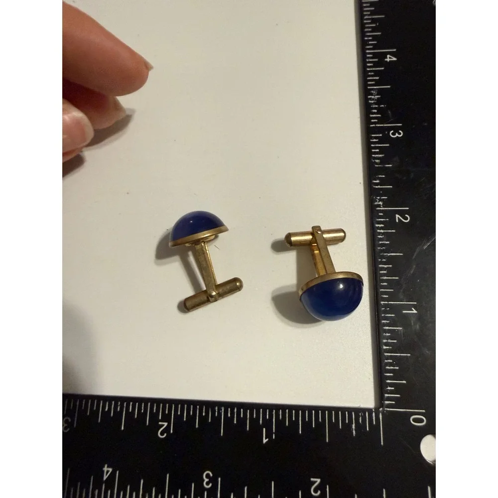 Vintage Gold Tone Cobalt Blue Cabochon Cufflinks Round Formal Wedding Mens